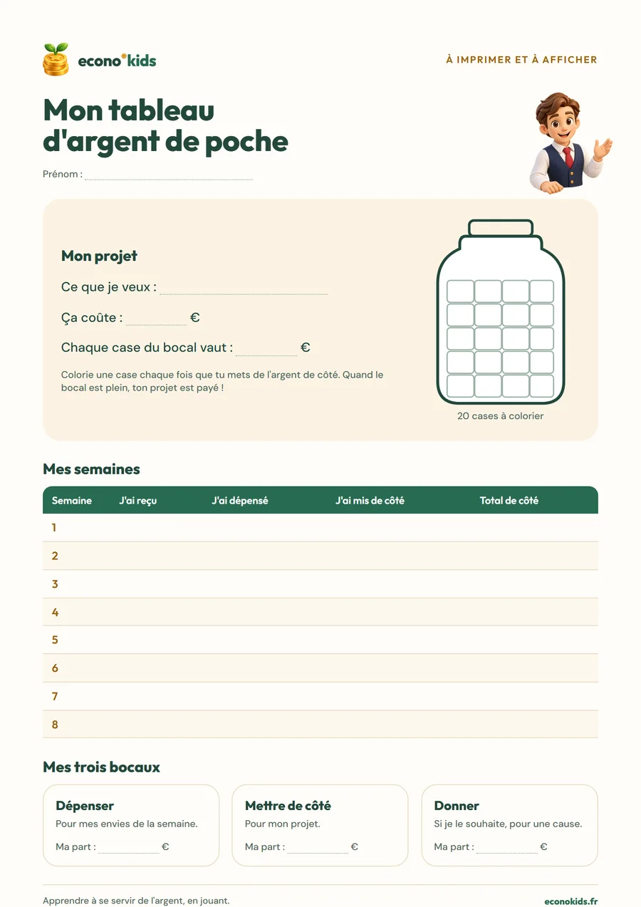Page enfant du tableau : son projet, un bocal de 20 cases à colorier, ses semaines et ses trois bocaux