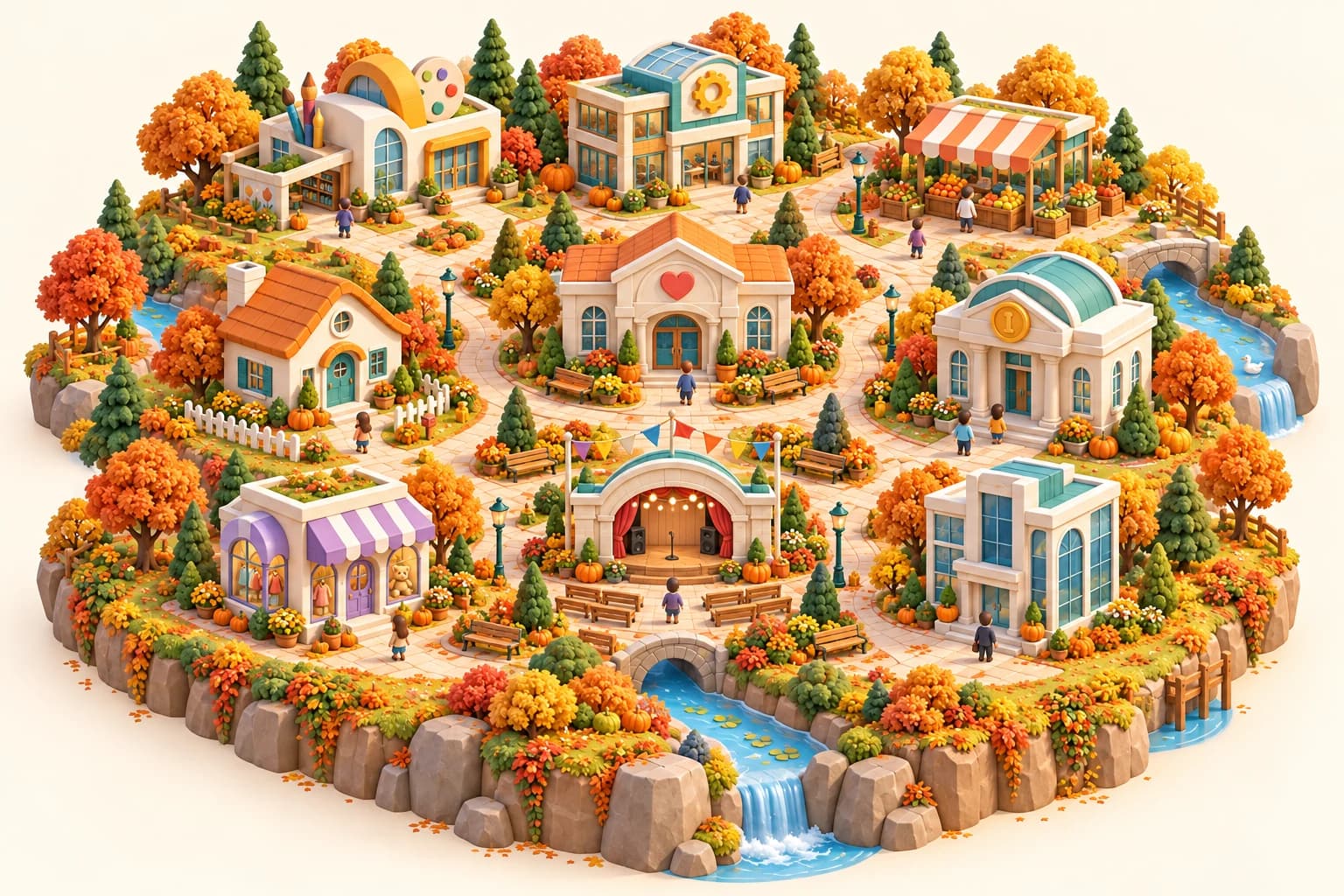 La ville d'Econo'kids en automne, avec ses neuf bâtiments