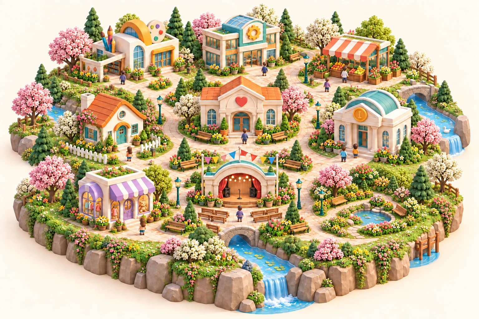 La ville d'Econo'kids en version école, au printemps, avec un jardin