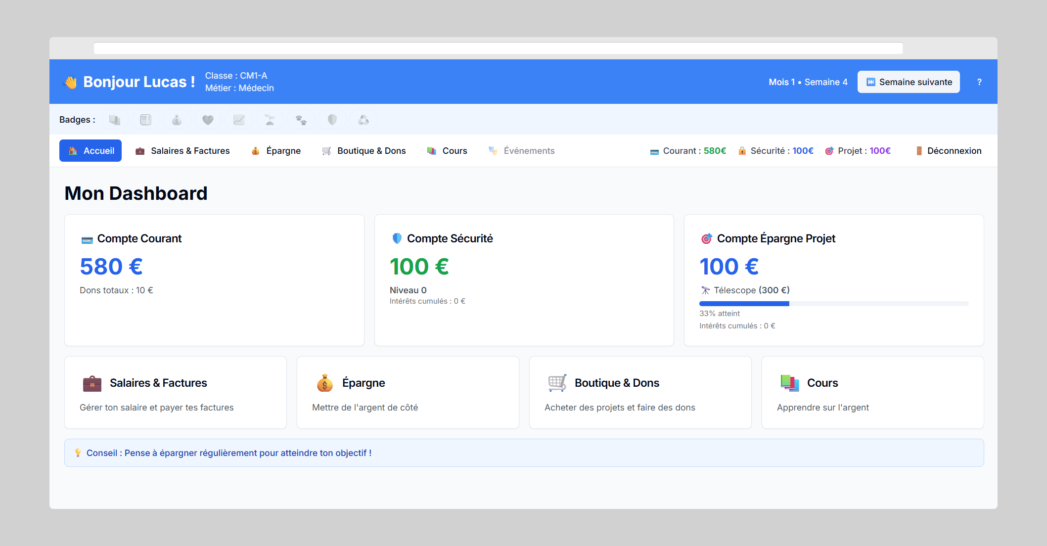 Dashboard Econo'kids - Interface de simulation budgétaire pour enfants